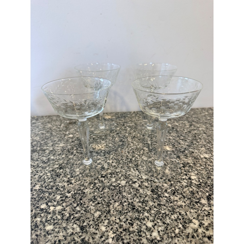 Vintage Libby Jewel Rock Etched Floral Champagne Coupe Glasses‎ Set of 4